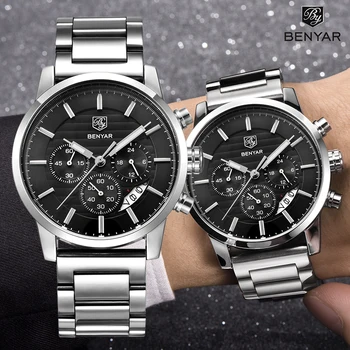 BENYAR Afaceri cuarț ceasuri barbati ceasuri sport pentru bărbați din oțel inoxidabil ceas multifuncțional bărbați rezistent la apă, cronograf 2020