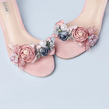 Roz de piele de Căprioară Hallow a-line cu FEMEI Sandale Serie Floare Dulce de Vârstă Ceremonia Indesata Toc de Onoare Pantofi cu Toc mic de Elevi