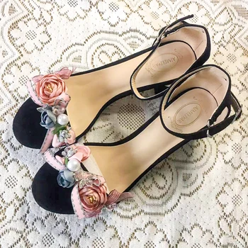 Roz de piele de Căprioară Hallow a-line cu FEMEI Sandale Serie Floare Dulce de Vârstă Ceremonia Indesata Toc de Onoare Pantofi cu Toc mic de Elevi