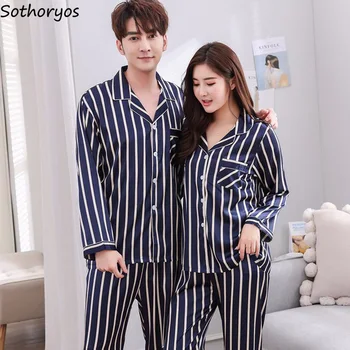 Pijama Seturi pentru Femei Matase de Turn-down Guler cu Dungi de Agrement Buzunare Maneca Lunga, Pijamale Femei coreene Moale, 2 Buc Set Homewear