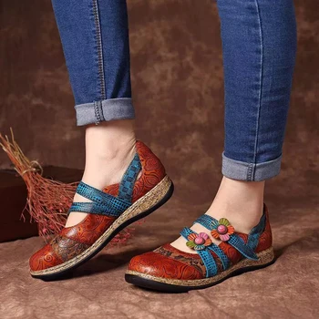 GAOKE Floral Vintage din Piele Despicare Colorate de Cusut cu Cârlig Buclă Plat Pantofi de Primăvară-Vară Casual pentru Femei Pantofi Plat Noi