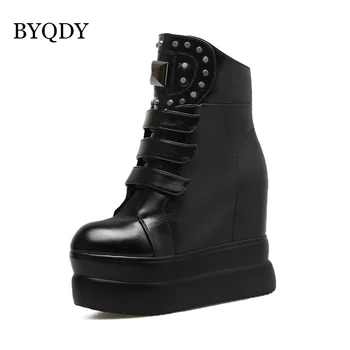 BYQDY Pană Tocuri Cizme de Iarna pentru Femeie Gotice Punk Negru Cataramă de Curea Zip Creeper Nituri Pantofi de damă la Jumătatea Vițel Militar Combat Boot