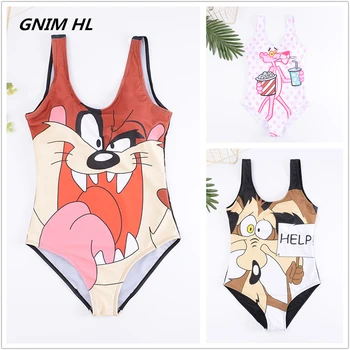 GNIM HL 2019 Desene animate de Imprimare Retro Bikini de costume de Baie Femei-O Bucată de Costume de baie Sexy Brazilian Biquini Beachwear Costum de Baie Femei