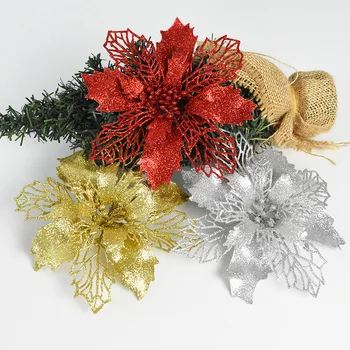 5pcs/lot 16cm Sclipici Flori Artificiale Bradul de Crăciun Ornament pentru Nunta Petrecere Acasă DIY Fals Cap de Floare Decor
