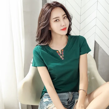 Coreeană V-neck Teuri 2021 Vara Slim Femei Topuri Broderie tricou Femei Casual Solidă Maneca Scurta, Haine Camiseta Mujer 8607 50