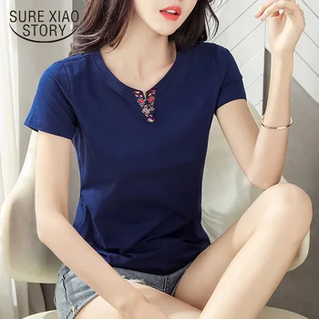 Coreeană V-neck Teuri 2021 Vara Slim Femei Topuri Broderie tricou Femei Casual Solidă Maneca Scurta, Haine Camiseta Mujer 8607 50