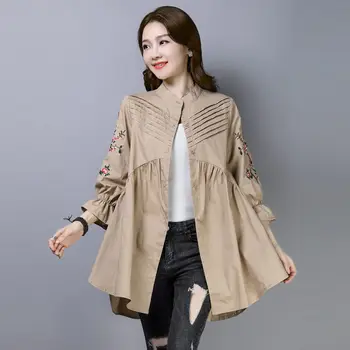 Stil chinezesc Brodate Nouă-punct de Maneca Cămașă de sex Feminin 2020 Toamnă Nouă Dimensiune Mare Top Vrac Mid-lungime Tricou Si Bluza K701