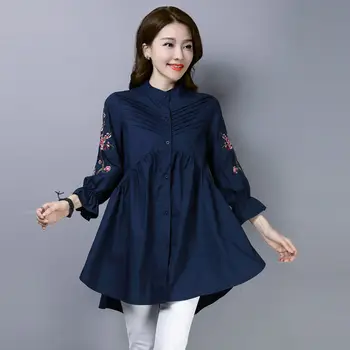 Stil chinezesc Brodate Nouă-punct de Maneca Cămașă de sex Feminin 2020 Toamnă Nouă Dimensiune Mare Top Vrac Mid-lungime Tricou Si Bluza K701