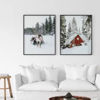 De Crăciun, Iarnă, Pădure, Zăpadă Scena Pictura Pe Perete Crăciun Copac De Pin Cadou Cerb Fara Rama De Imprimare Decor De Vacanță Panza Poster