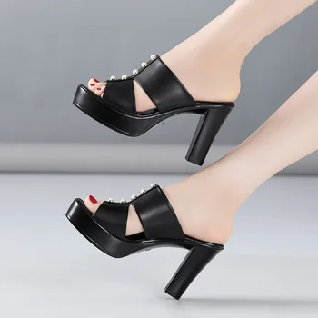 GKTINOO Bloc Toc Negru Papuci de Femei Pantofi de Vară 2020 Peep Toe Tocuri inalte Tobogane din Piele Doamnelor Birou Papuci de casă, Plus Size43