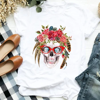 Femei Lady Înfricoșător Craniu Florale anilor ' 90 Toamna Halloween Imprimare Tricou Femeie T Tee pentru Femei Tricou Haine de Top Graphic T-shirt