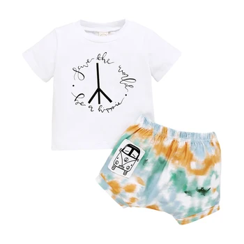 Pentru sugari, Copii Baby Boy Set Haine de Bumbac cu mânecă Scurtă Gât Rotund Alb T-shirt + Tie-dye Short Set 2 buc