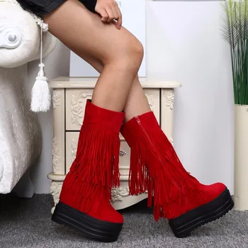 Toamna și iarna cizme cu franjuri în interiorul îngroșarea 14 cm ultra toc înalt cizme Femei în tub brioșă jos de sex feminin snow boot