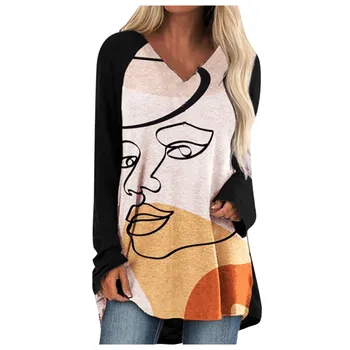 Femei de Moda cu Maneci Lungi V-neck Față Abstract Print T-shirt Vrac Top Toamna iarna moda casual personalitatea doamnelor T-shirt