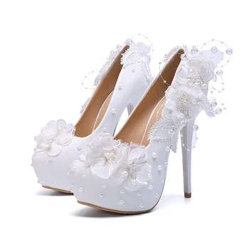 YIHONGMEIQI Impermeabil platforma tocuri inalte pantofii de mireasa dantelă flori de 14 cm stiletto mireasa pantofi alb roz marimea 42