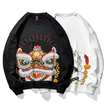 Noi de Iarna Barbati Tricou Pulover de Streetwear Pluș Caldura Stilul Hip-Hop Decorative de Imprimare de Caractere Chinezești[Lion Dance]