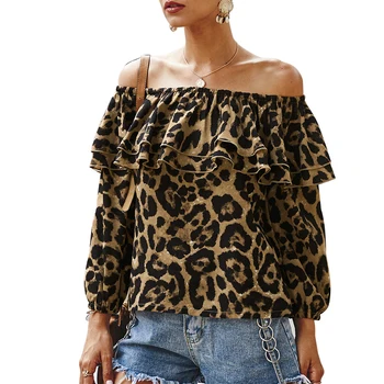 Femei Cu Maneci Lungi Decolteu Elastic Pe Umăr Leopard De Imprimare Ciufulit Tiv Bluza