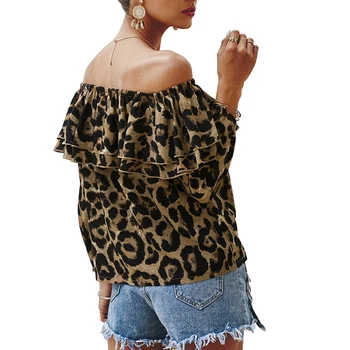 Femei Cu Maneci Lungi Decolteu Elastic Pe Umăr Leopard De Imprimare Ciufulit Tiv Bluza