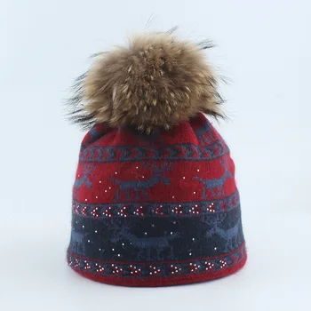 Angora Pălărie Tricot Femei Calda de Toamna si Iarna Adevărată Blană de raton Pompom Cerb Animale Jacquard Căciulă Schi în aer liber Accesoriu Cadou