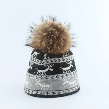 Angora Pălărie Tricot Femei Calda de Toamna si Iarna Adevărată Blană de raton Pompom Cerb Animale Jacquard Căciulă Schi în aer liber Accesoriu Cadou