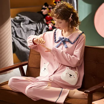 Coreea Style Femei Pijamale Pijamale De Bumbac Set Drăguț De Elevi De Dormit Purta Cu Mâneci Lungi Îmbrăcăminte De Noapte De Acasă Plus Dimensiune Haine