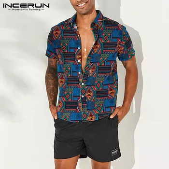 INCERUN 2021 Stil Etnic Imprimare Tricou Barbati din Bumbac Retro Maneci Scurte Largi de Oameni Plajă Hawaiiană Tricouri Respirabil Streetwear Camisa