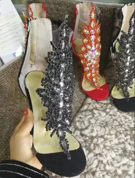 Noua moda etnice Stras gol Femei Sandale flip flop subțire tocuri Stiletto de sex feminin de piele de căprioară cu fermoar acoperi sandale cu toc Femeie