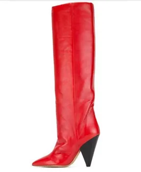 Zapatos Mujer 2019 Genunchi Cizme Înalte Din Piele Femei Subliniat De La Picior Toc Conic Bărci Lungi Culoare Solidă Pantofi Cu Toc Inalt, Cizme De Ploaie