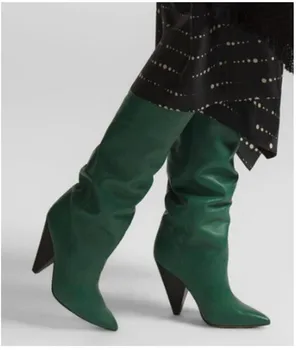 Zapatos Mujer 2019 Genunchi Cizme Înalte Din Piele Femei Subliniat De La Picior Toc Conic Bărci Lungi Culoare Solidă Pantofi Cu Toc Inalt, Cizme De Ploaie