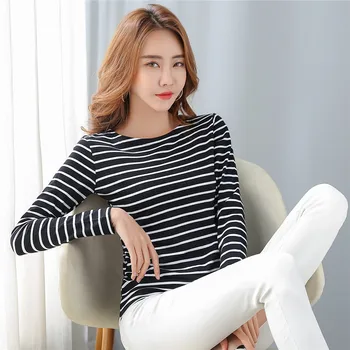 2021 Toamna Tricou pentru Femei de Bumbac T-shirt White Stripe Tricouri Tricouri Maneca Lunga Casual Plus Dimensiune Topuri Guler Rotund Tricou 8810