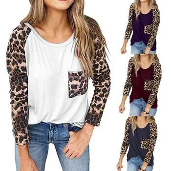 Hirigin noua Moda Femei Leopard Imprimate cu Maneci Lungi Rotunde Gât Topuri de sex feminin Casual t-shirt doamnelor buzunar mozaic tees