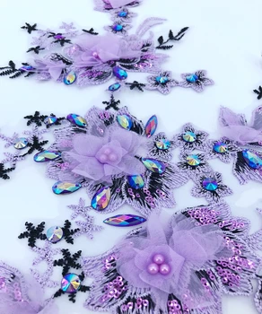 Handsewing margele strasuri mov deschis aplicatiile de dantela asieta patch-uri de flori tridimensionale 39*30cm pentru rochie de bal accesoriu