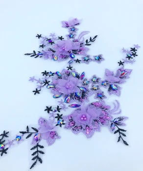 Handsewing margele strasuri mov deschis aplicatiile de dantela asieta patch-uri de flori tridimensionale 39*30cm pentru rochie de bal accesoriu