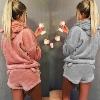 2020 Noi de Iarna Femei Pijamale Flanel Set Drăguț Urs cu Gluga Pijamale Cald Fleece Coral Sleepwear Hanorac+Scurt Remorcare 2 buc Costum