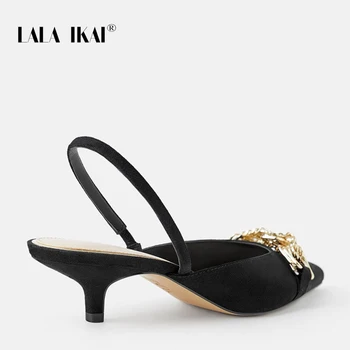 LALA IKAI Med Pisicuță Tocuri Pantofi de Nunta Femeie 2020 a Subliniat Toe Design Metalic Negru Pompe Superficial Birou OL Sandale XWC10002-4