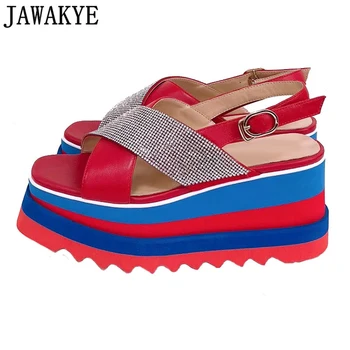 Crossover sandale Femei stras platforma pană tocuri din piele bling bling vara crystal beach pantofi de culoare mixt
