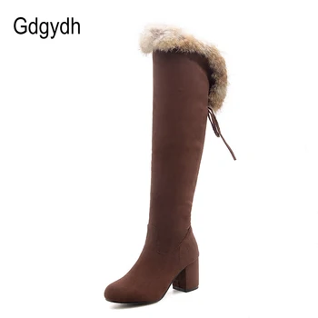 Gdgydh 2019 Noi Cizme de Iarna pentru Femei Blana naturala de Mari Dimensiuni Cizme de Zapada Doamnelor Pătrat Negru Tocuri Femeie Pantofi Peste Genunchi Cizme