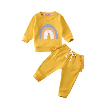 0-3 Ani 2 BUC Copil Baby Girl Haine de Imprimare Set Curcubeu Maneca Lunga din Bumbac Moale Topuri+Zburli Pantaloni de Costum Set