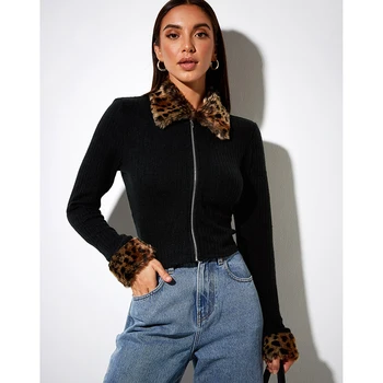 Geaca de femei strânse leopard de imprimare de moda de culoare solidă gât rotund maneca lunga T-shirt femei 2020 toamna anului nou блузка damenblusen