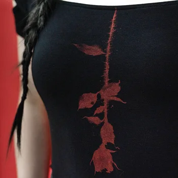 PUNK RAVE Fata lui Black Rose Imprimate de Vară cu mânecă Scurtă T-shirt Gotic de zi cu Zi Pătrat Guler Personalitate Sexy Slim Topuri Scurte