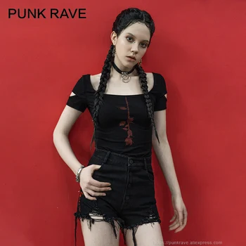 PUNK RAVE Fata lui Black Rose Imprimate de Vară cu mânecă Scurtă T-shirt Gotic de zi cu Zi Pătrat Guler Personalitate Sexy Slim Topuri Scurte