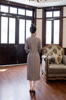 Toamna stil nou de bumbac și lenjerie de pat naționale stil literar îmbunătățit carouri mid-lungime cu mâneci lungi cheongsam tradiționale cheongsam