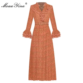 MoaaYina Pistă de Moda rochie de Primavara-Vara pentru Femei Rochie Ciufulit guler Centura Floral-Print Rochii Plisate