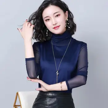 2019 Mătase Pură Femei cu maneci Lungi T-shirt pentru Femei de Moda Plasă de Mătase de sex Feminin Guler Înalt și Solid Femeie Tee Tricou negru Topuri