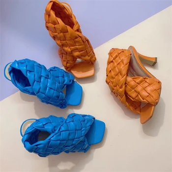 2021 Moda Țese Din Piele, Pantofi Cu Toc Inalt Pentru Femei Sandale De Designer De Lux Doamnelor Pompe De Deget De La Picior Pătrat De Sex Feminin Sandale De Plaja, Tobogane