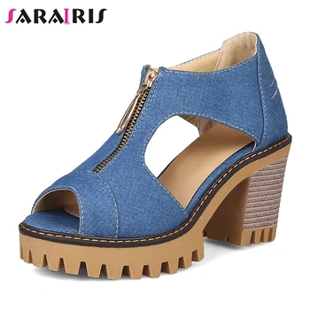 SARAIRIS Nou Fierbinte de Vânzare de Brand Fermoar Sandale cu Platforma Femei 2019 Vara de Mari Dimensiuni 34-43 Denim Femei Pantofi cu Tocuri de Femeie