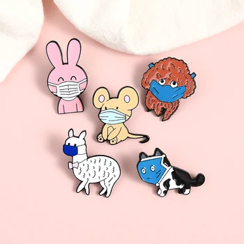 Personalizat Pisică, Câine, Iepure Șobolan Alpaca Animale poartă măști Email Pin Broșe Sac de Pin Rever Desene animate Insigna de Bijuterii Cadou pentru copii
