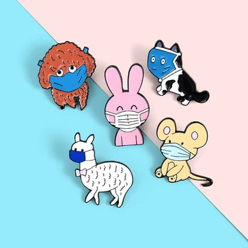 Personalizat Pisică, Câine, Iepure Șobolan Alpaca Animale poartă măști Email Pin Broșe Sac de Pin Rever Desene animate Insigna de Bijuterii Cadou pentru copii