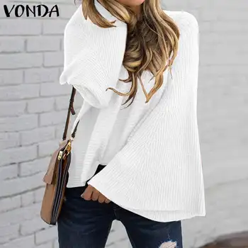 VONDA Plus Dimensiunea Femei Boem Bluza 2021 Bell Sleeve Bluza de Toamna Liber Tricotaje Topuri Pulover Tricouri Petrecere Blusas 5XL Tunica