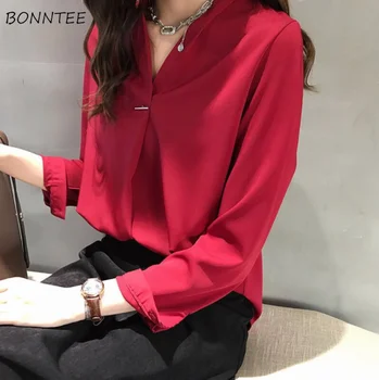 Tricouri Femei Primavara-Vara la Modă All-meci Stil coreean Elegant Solid Simplu Doamnă Birou de Lucru Poarte Bluze Femei Șifon Șic
